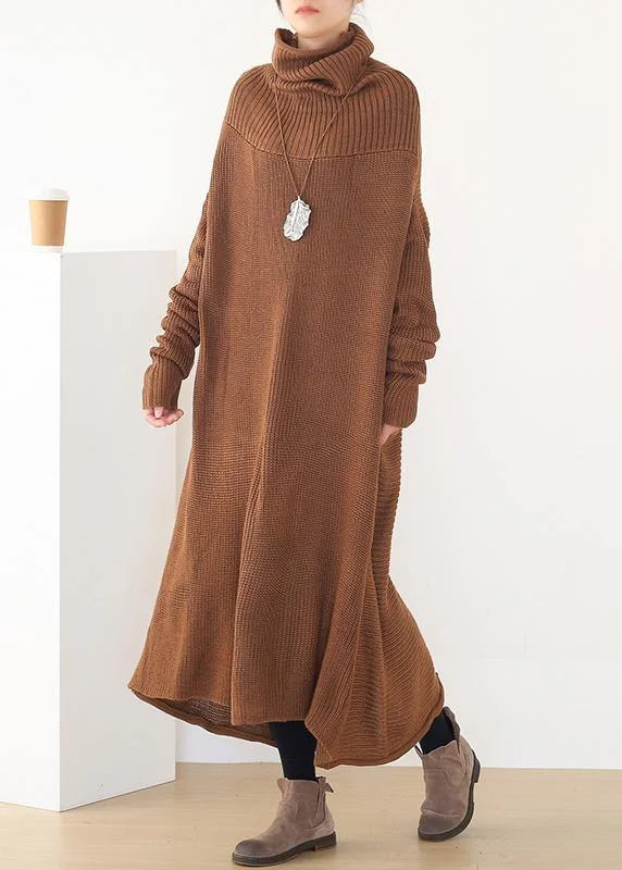 Glitter women's sweaterWomen back open Sweater high neck dress outfit plus size drak brown daily knit dresses