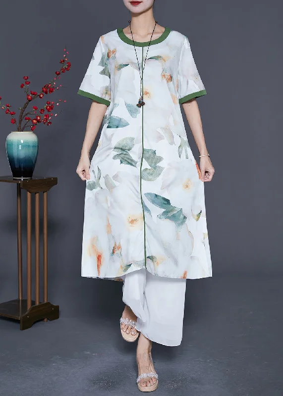 Godet dresses for womenChic White O-Neck Patchwork Print Cotton Dresses Summer