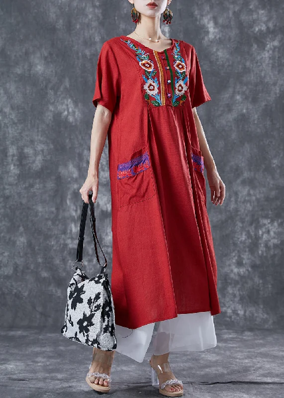 Peplum dresses for womenWomen Red Embroideried Patchwork Linen Dress Summer