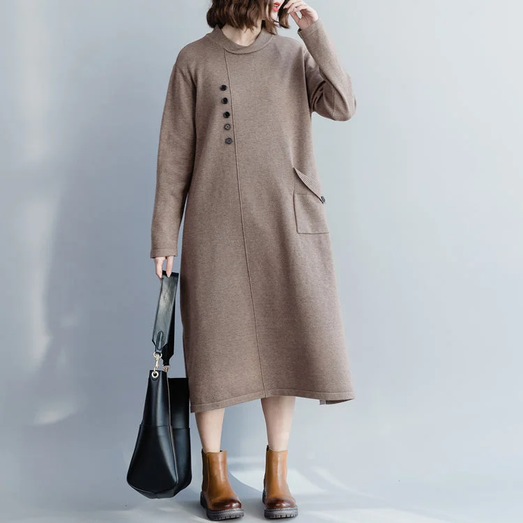 Oversized women's sweaterChunky khaki Sweater Wardrobes Street Style Big O neck pockets knit dress