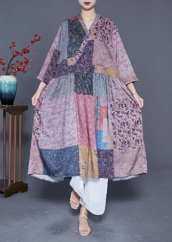 Loose-fitting dresses for womenVintage Colorblock V Neck Patchwork Exra Large Hem Linen Long Dresses Bracelet Sleeve