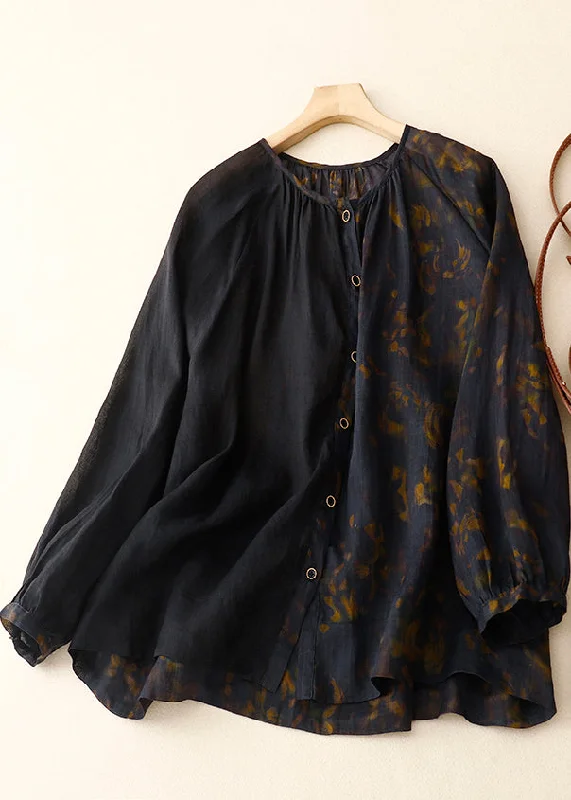 Travel women's topsChic Black Asymmetrical Tie Dye Linen Shirt Summer