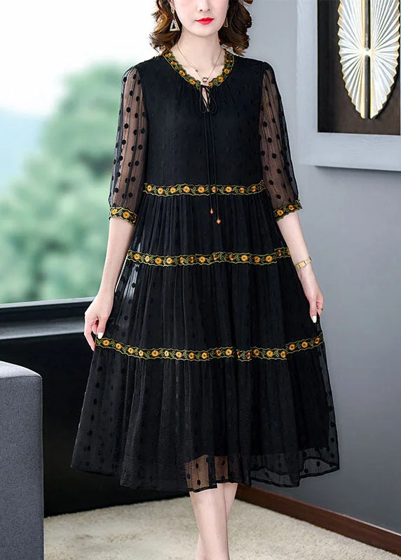 Cotton dresses for everyday wearHandmade Black Wrinkled Embroideried Patchwork Silk Dress Summer