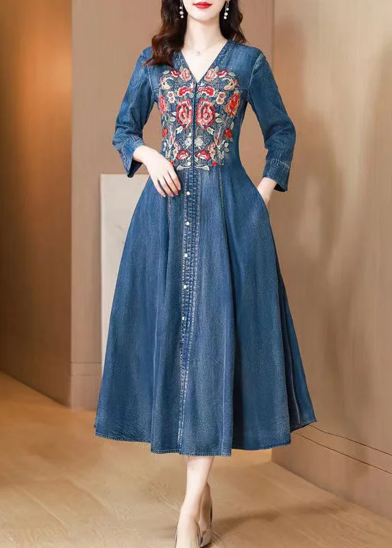 Solid color dresses for womenNatural Blue V Neck Embroidered Patchwork Denim Dress Long Sleeve
