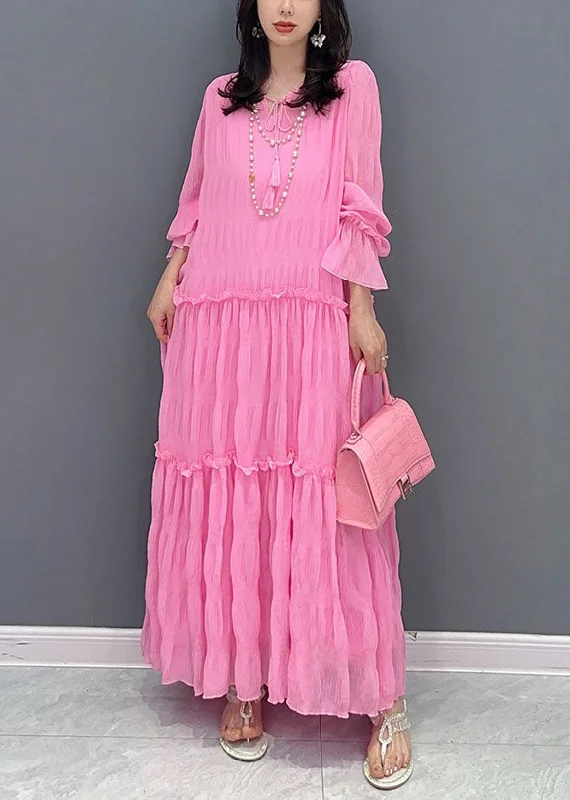 Linen dresses for summerBohemian Pink Ruffled Lace Up Patchwork Chiffon Long Dress Summer