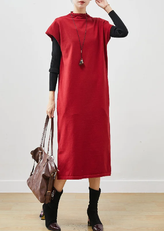 Shift dresses for womenFrench Red Turtle Neck Oversized Cotton Long Dresses Short Sleeve