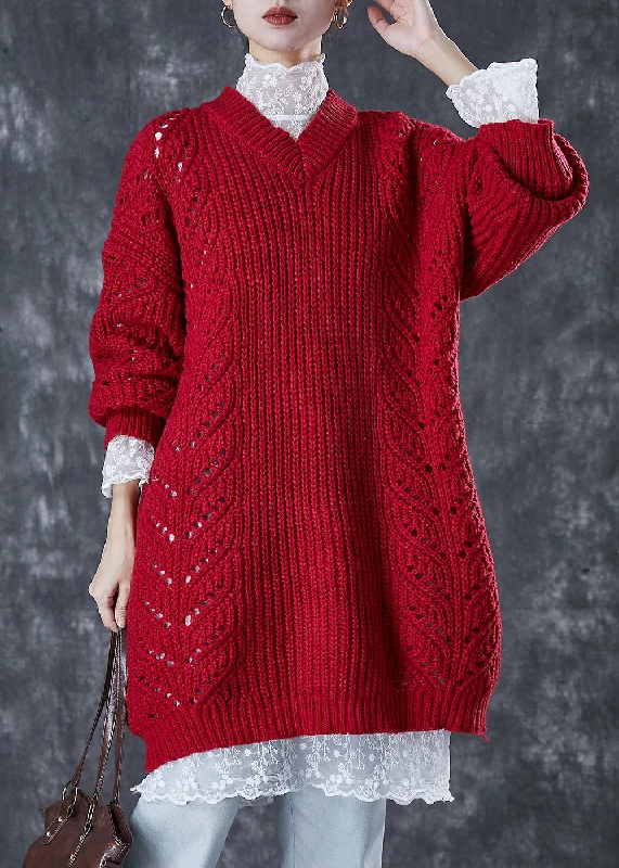 A-line women's sweaterModern Mulberry V Neck Hollow Out Cable Knit Sweater Dress Winter