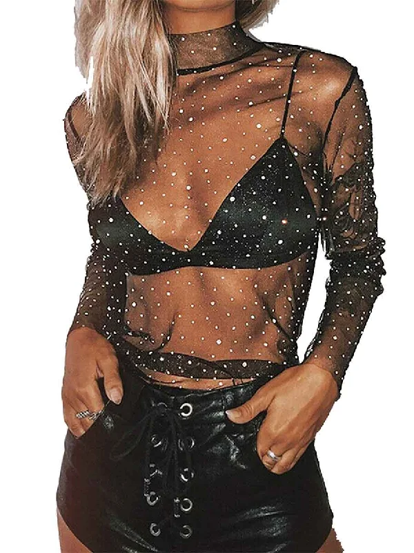 Striped women's topsLong Sleeve High Neck Mesh Sheer Black Rhinestone T Shirt