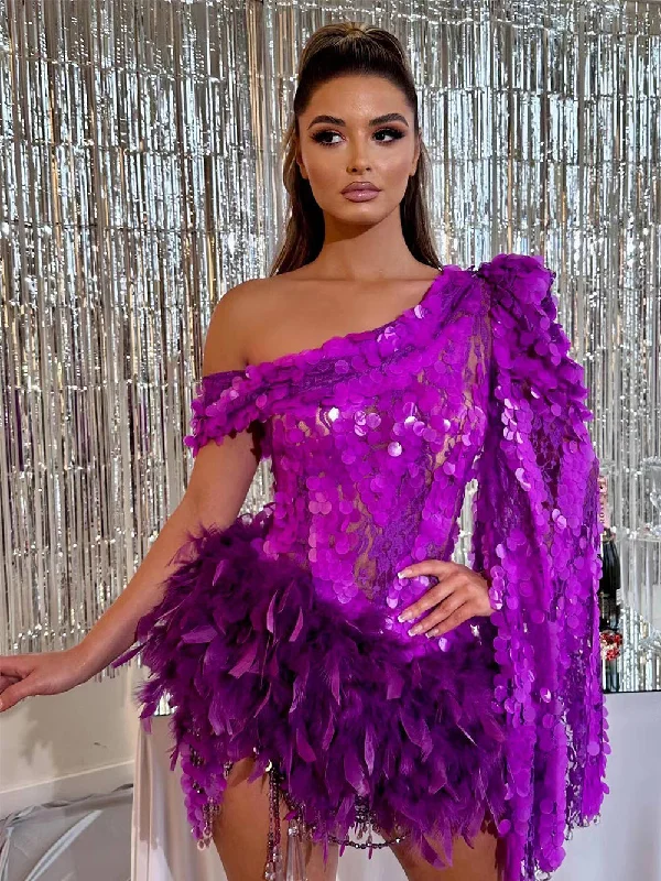 Smock dresses for womenOne Shoulder Long Sleeve Feather Mini Bodycon Dress HT862