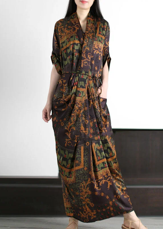 Festival dresses for music and arts eventsCoffee Pockets Print Patchwork Silk Gown Wrinkled Tie Waist Summer