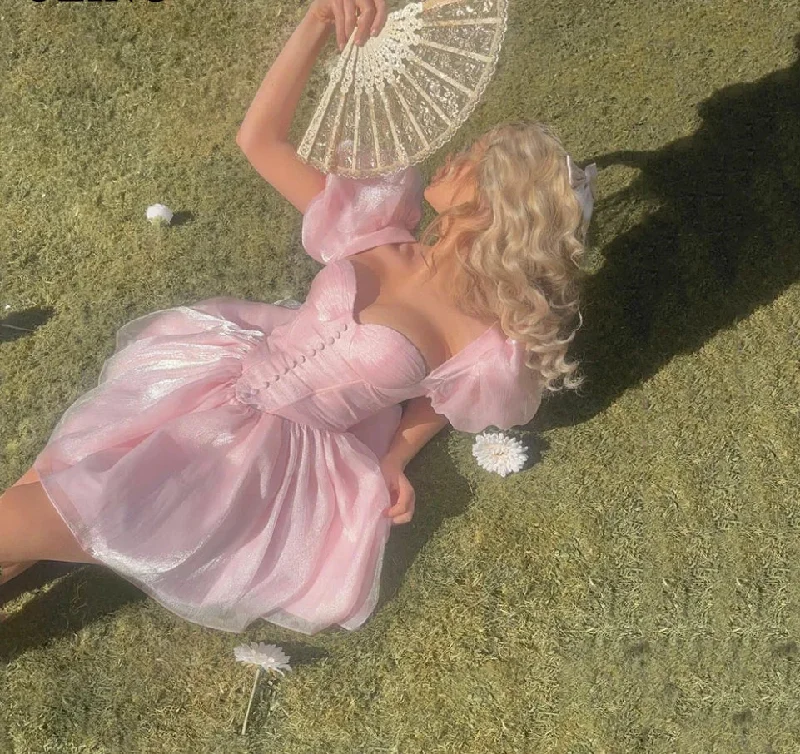 Synthetic dresses for budget-friendly optionsShort Pink Organza Party Dresses Puff Sleeves Mini Princess Sweet Hocoming Dress Summer Girls Celebrity Formal Prom Dress
