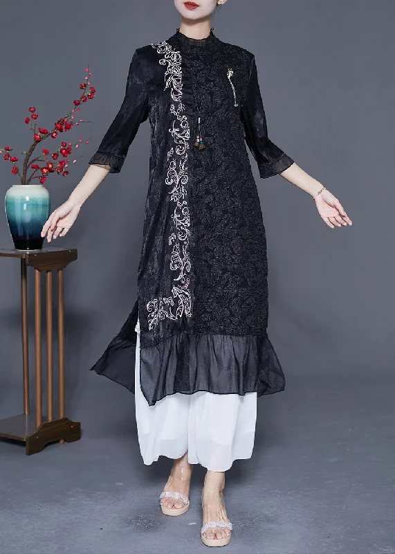 Halter dresses for womenVintage Black Embroideried Patchwork Jacquard Silk Dress Bracelet Sleeve