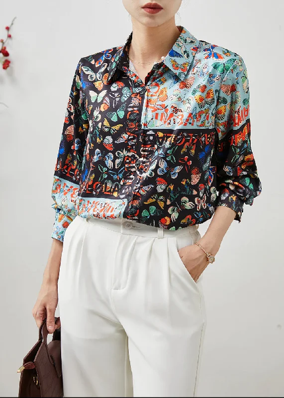 Easy-care women's topsWomen Black Peter Pan Collar Butterfly Silk Shirts Summer