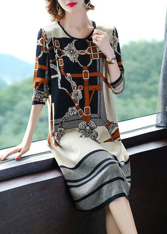 Fine knit women's sweaterModern Beige O-Neck Print Knit Sweater Dress Long Sleeve
