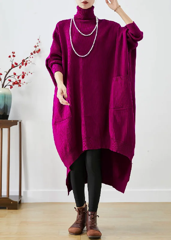 Running women's sweaterPurple Oversized Knit Sweater Dress Turtle Neck Asymmetrical Batwing Sleeve