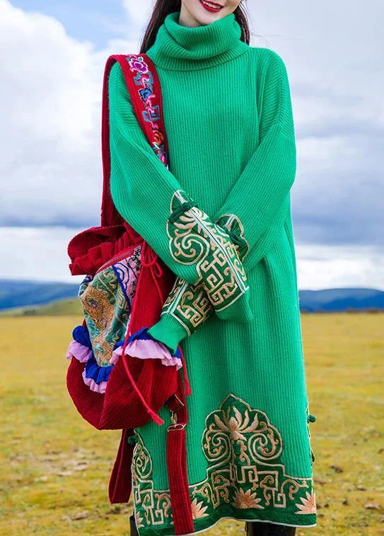 Limited edition women's sweaterFashion embroidery Sweater high neck weather Beautiful green oversized knit dresses