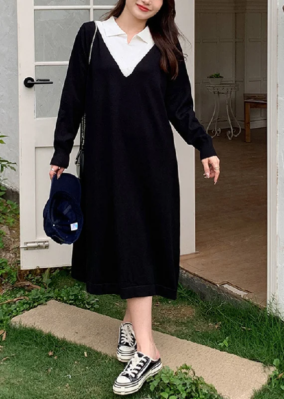 High-slit dresses for womenDIY Black Peter Pan Collar Patchwork Cotton Fake Two Piece Dress Fall