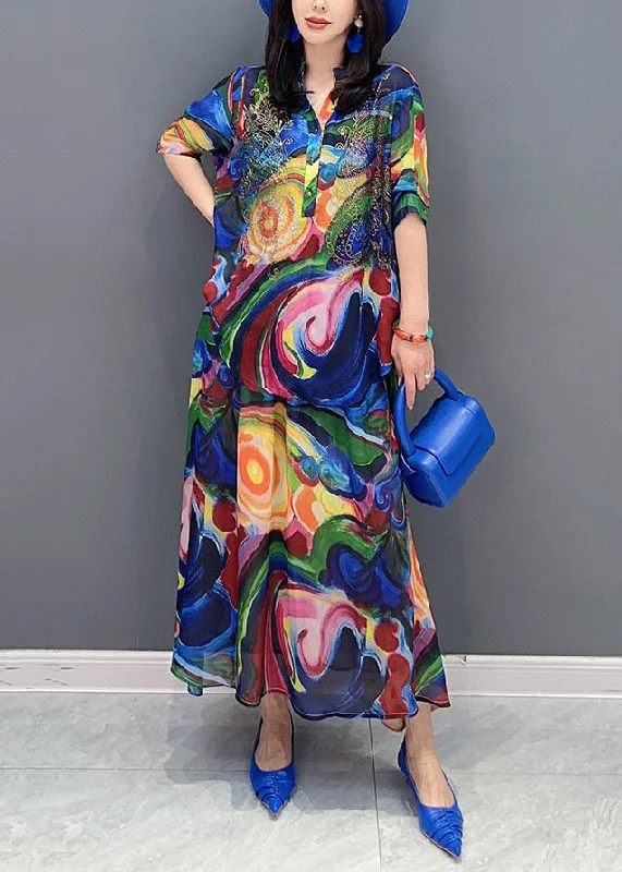 Strapless dresses for womenBoho Blue Wrinkled Print Patchwork Chiffon Shirts Dresses Summer