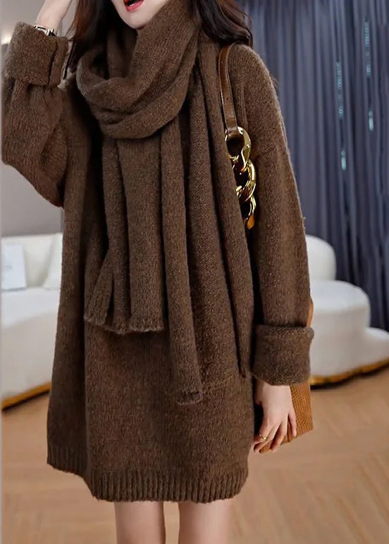Chic women's sweaterStyle Coffee V Neck Oversized Knit Sweater Dress Winter