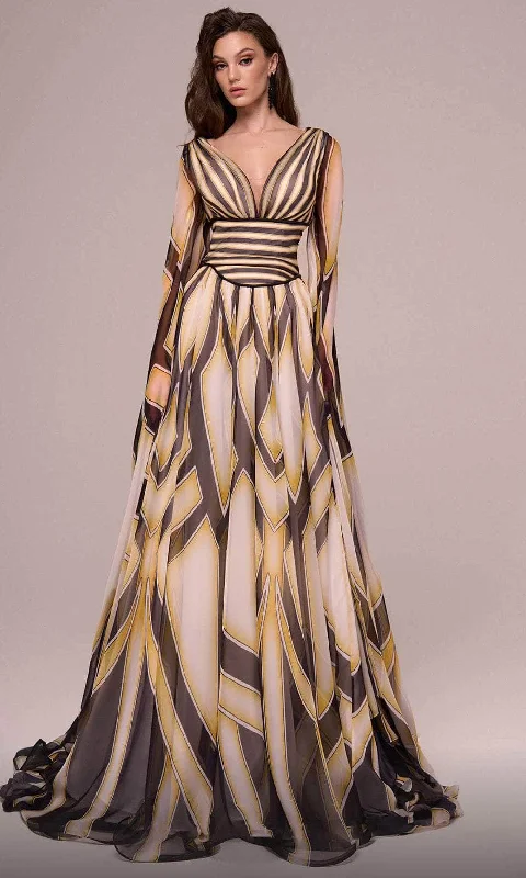 Patterned dresses for womenMNM Couture F02862 - Printed Long Cape Sleeve Evening Gown