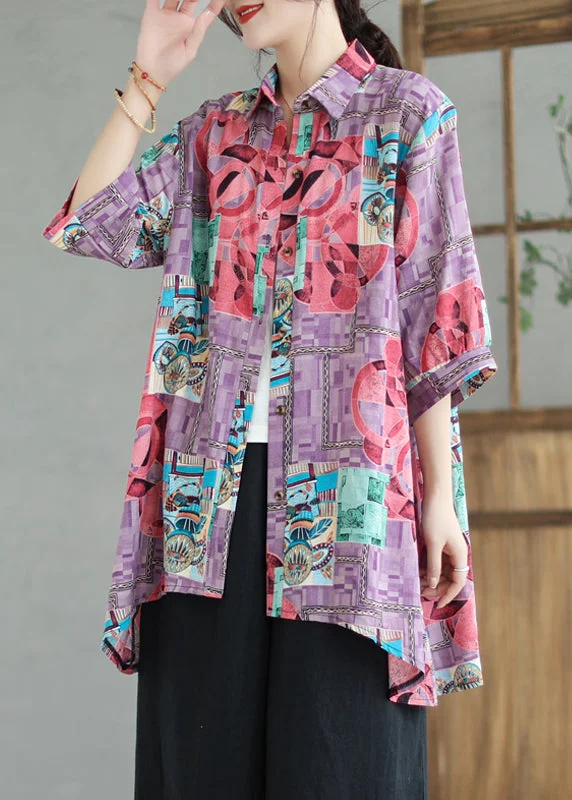 Affordable women's topsBoho Purple Print Low High Design Linen Long Shirts Summer