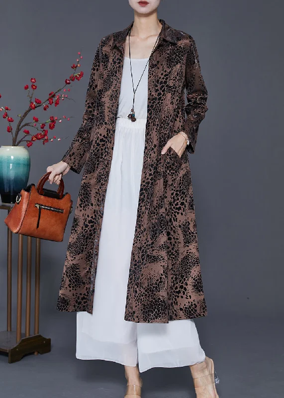 Fit-and-flare dresses for womenBrown Print Cotton A Line Dress Peter Pan Collar Spring