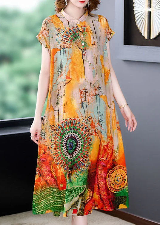 Batwing sleeve dresses for womenChic Yellow Stand Collar Print Patchwork Silk Dress Summer