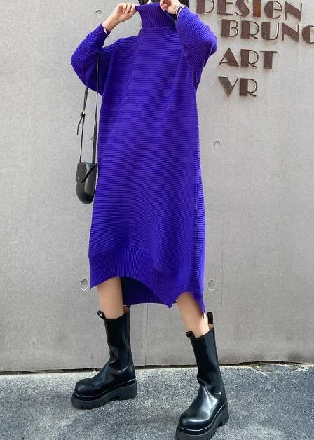 Mustard yellow women's sweaterPullover blue Sweater dress outfit Street Style high neck low high design baggy fall knitted dress