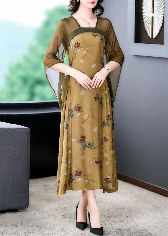 Godet dresses for womenChinese Style Yellow Print Lace Up Patchwork Silk Long Dress Summer