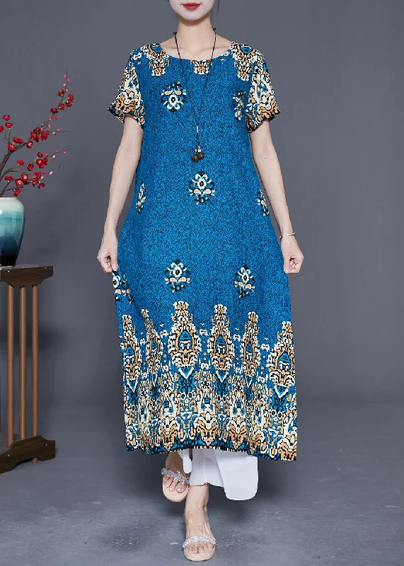 Summer dresses for hot weatherPeacock Blue Print Cotton Party Dress Oversized Summer