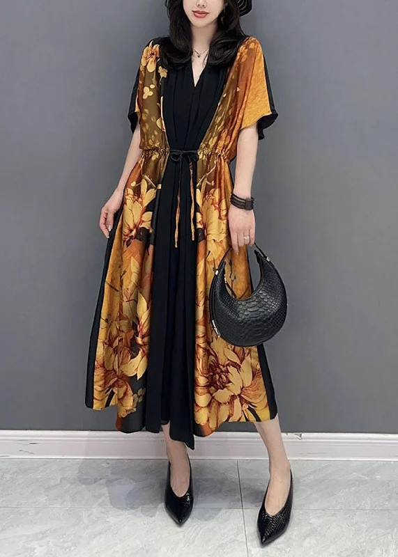 Satin dresses for womenElegant Yellow V Neck Print Wrinkled Drawstring Patchwork Silk Dress Summer