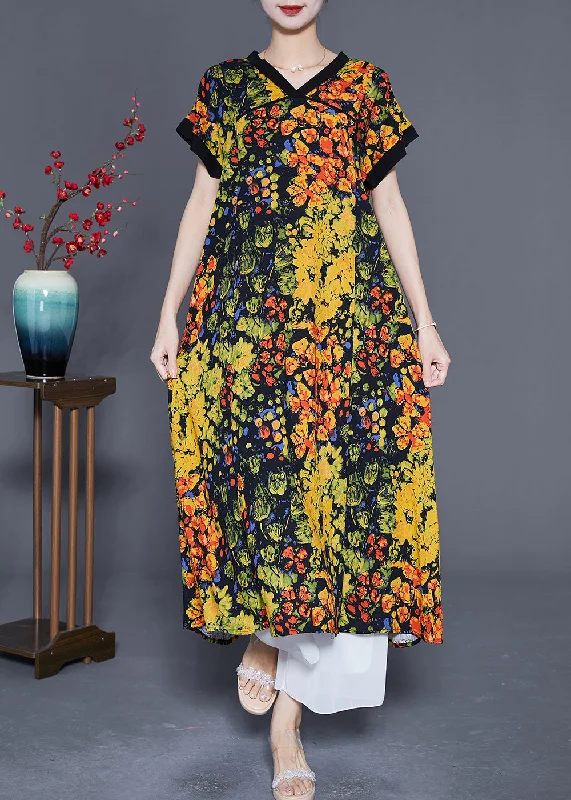 Petite dresses for womenBohemian Yellow V Neck Print Cotton Dress Summer