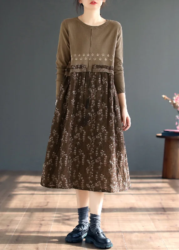 Loose-fitting dresses for womenBeautiful Coffee O Neck Print Patchwork Knitting Dress Fall