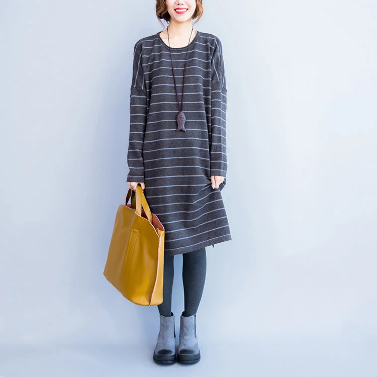 Chenille women's sweater2025 autumn gray casual knit dresses plus size striped sweater dress