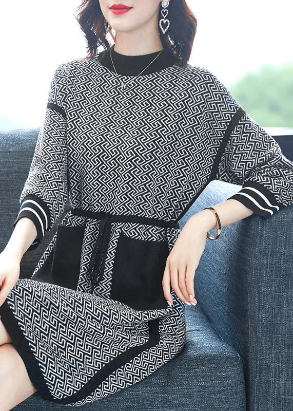 Chunky knit women's sweaterBeautiful Black O-Neck Print Drawstring Knit Sweater Dress Long Sleeve