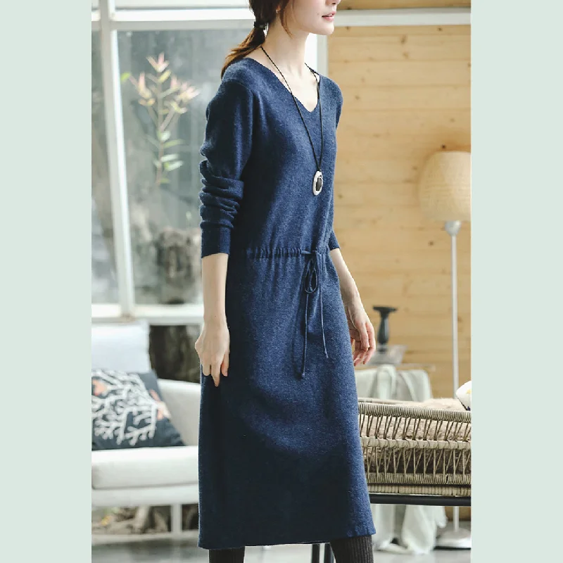 Layered women's sweaterwarm blue knit dresses fall fashion V neck long knit sweaters casual drawstring pullover sweater