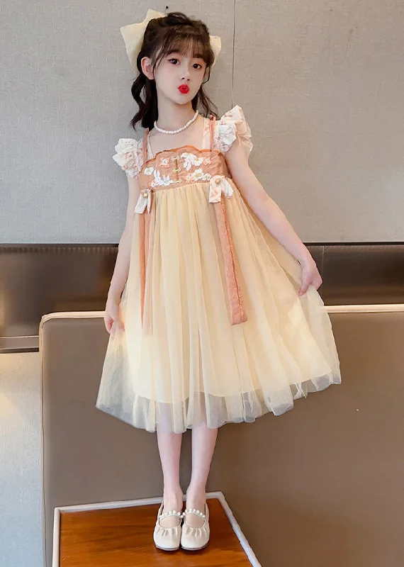 Festival dresses for music and arts eventsCute Yellow Slash Neck Embroideried Patchwork Tulle Kids Long Dress Summer