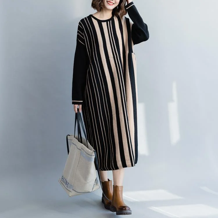 Fair Isle women's sweaterPullover black striped Sweater dress outfit  Street Style oversized  o neck knit dress
