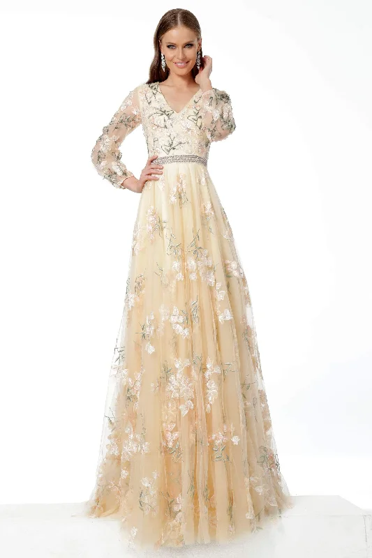 V-neck dresses for womenJovani - Long Floral Ornate V-Neck A-Line Dress 65637 - 1 pc Beige In Size 16 Available