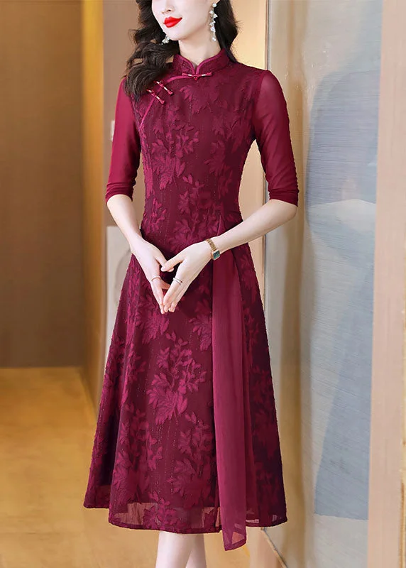 Flutter sleeve dresses for womenSexy Red Print Patchwork Wrinkled Silk Long Dress Fall