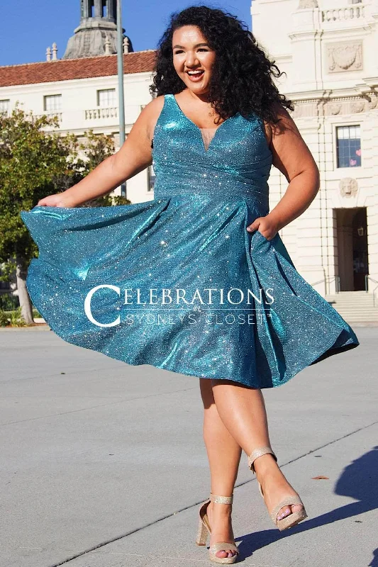 women's suit sets with glossy finishesSydney's Closet CE2005 - Metallic Deep V-Neck Cocktail Dress