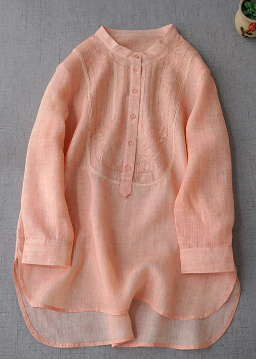 Asymmetric women's topsNew Pink Embroidered Button Linen Shirts Long Sleeve