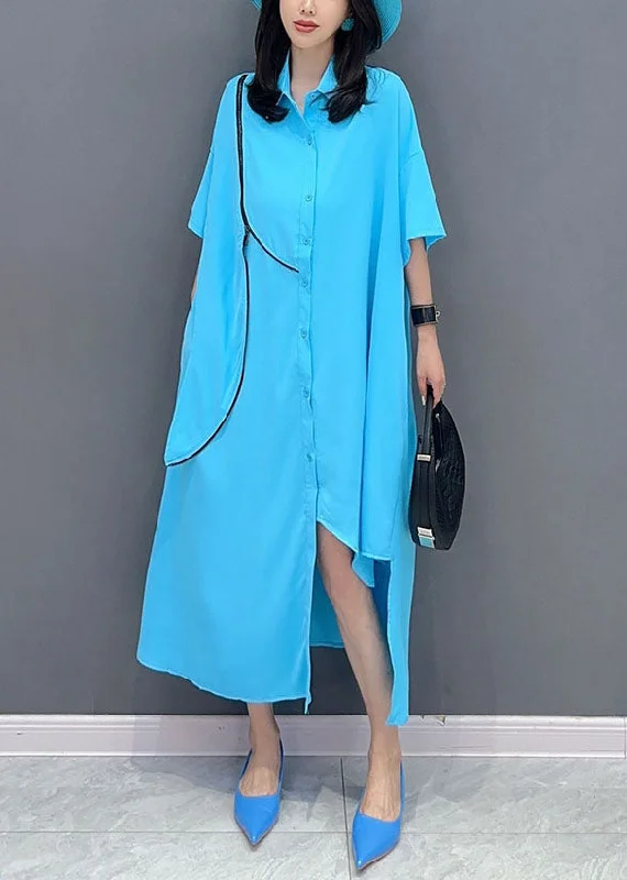 Cotton dresses for everyday wearModern Blue Asymmetrical Patchwork Chiffon Shirts Dress Summer