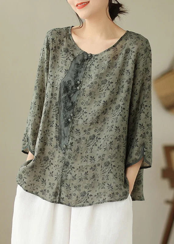 Vintage women's topsVintage O-Neck Print Button Linen Shirt Long Sleeve