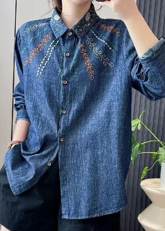 Turtleneck women's topsFashion Denim Blue Peter Pan Collar Embroidered Button Shirt Long Sleeve