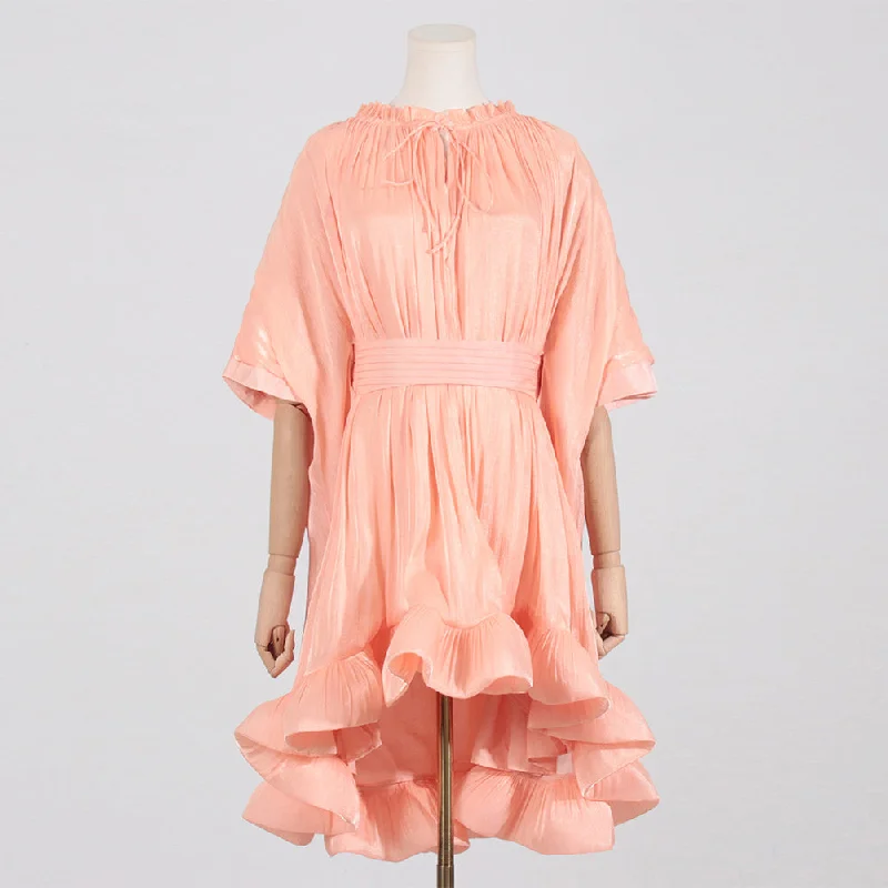 Loose-fitting dresses for womenRound Neck Mid Sleeve Ruffle Mini Dress KLYF900