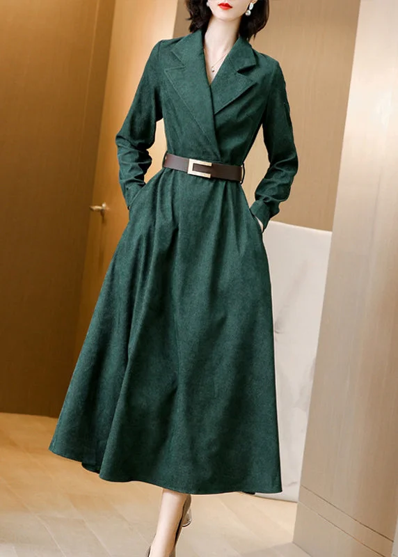 Day dresses for everyday wearFrench Green Peter Pan Collar Tie Waist Patchwork Corduroy Long Dresses Fall