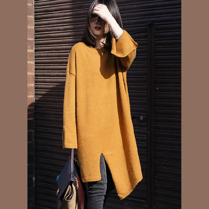 Plus-size women's sweaterVintage Sweater weather Street Style o neck spring yellow Ugly knit dress side open