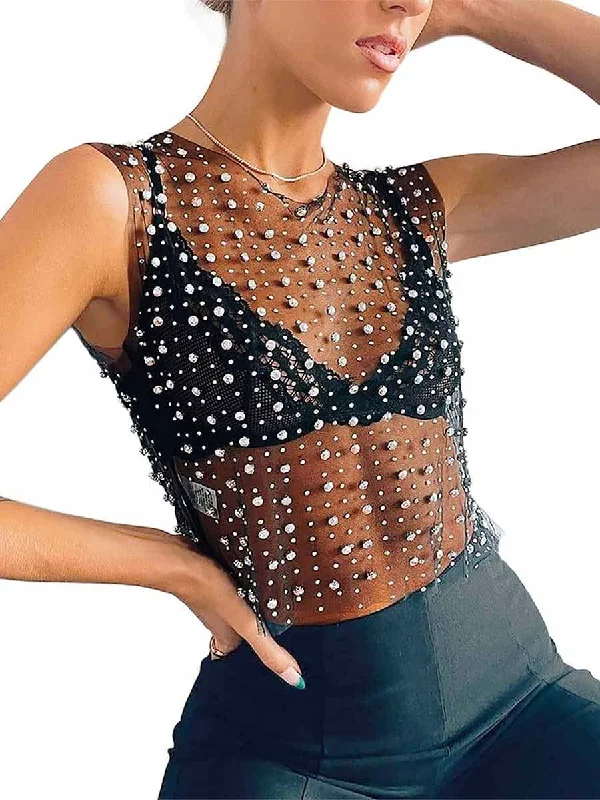 Animal print women's topsBlack Sleeveless Short Pearl Womens Rhinestone Shirts