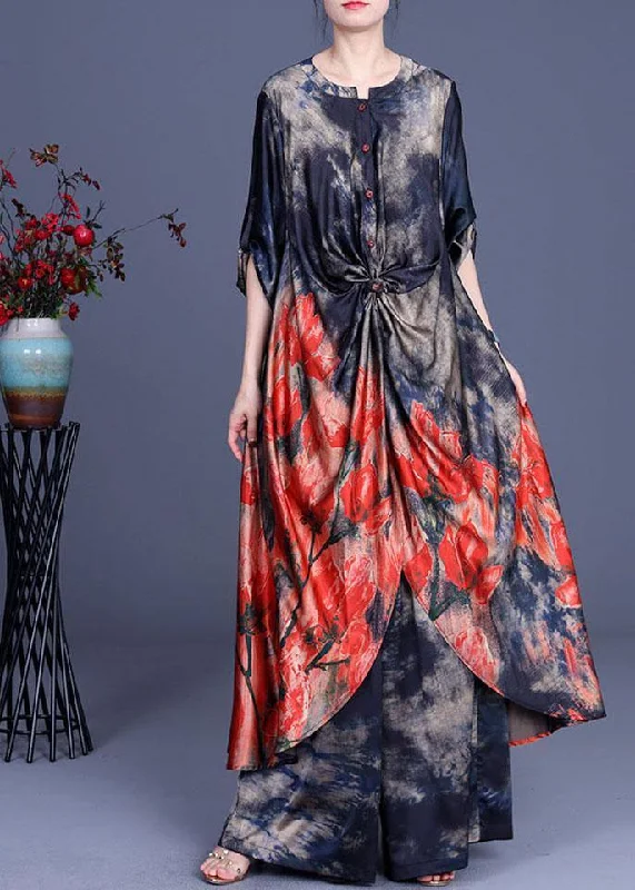 Limited edition women's topsWomen Blue Print low high design long shirts Wide Leg Two Pieces Set